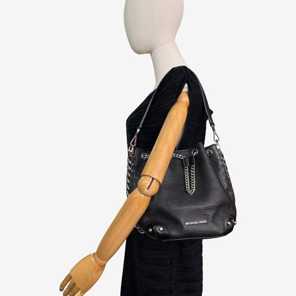 Michael Kors Alanis Pebble Leather Bucket Bag Black Chain Shoulder Hobo - Picture 14 of 15